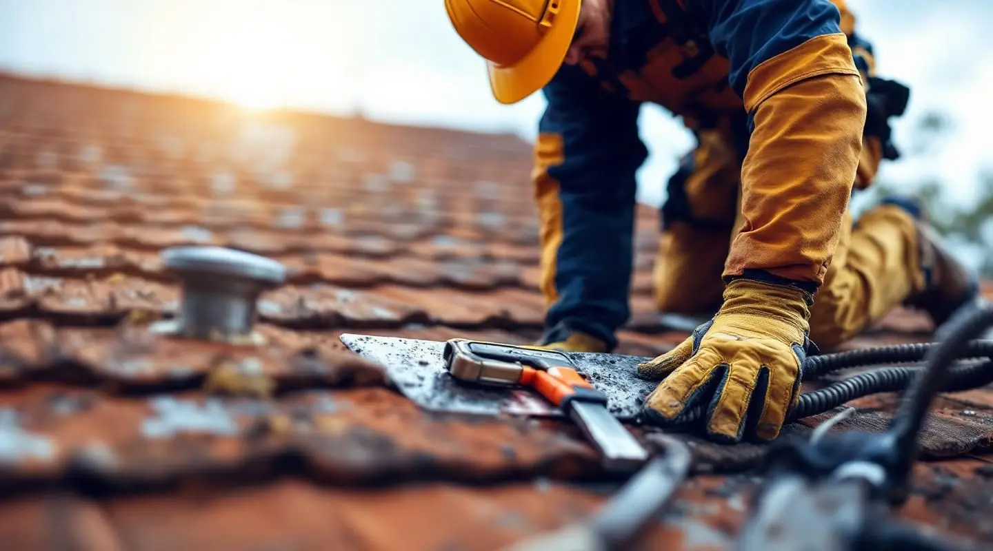 Professional roofing contractor examining shingles on a sunny Santa Ana home roof with a focused, trustworthy mood.