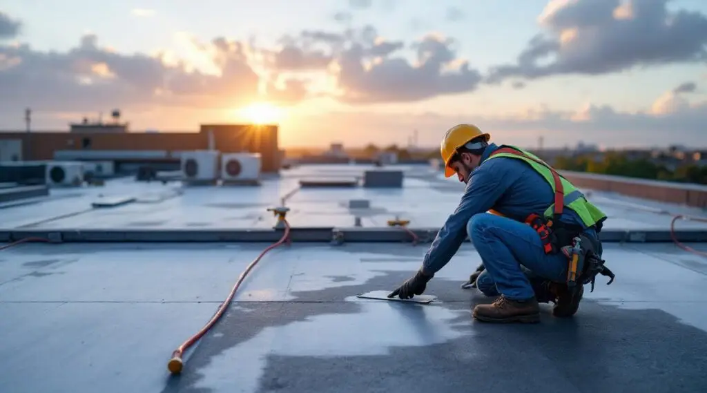 A professional commercial roofing crew laying a white TPO flat roof membrane on a Midvale City building under bright sunlight.