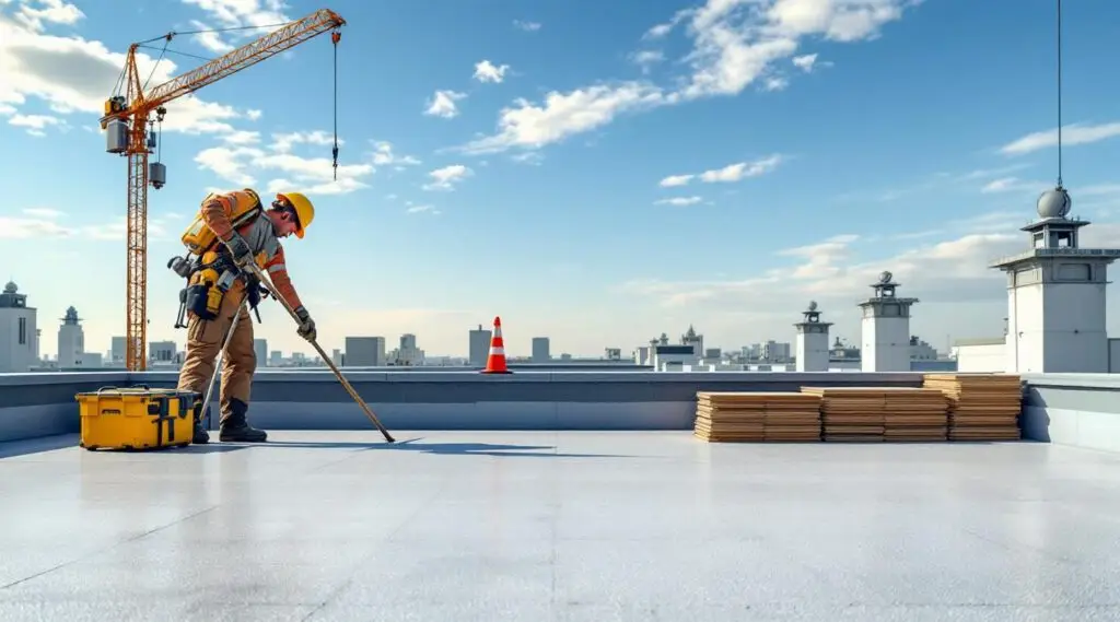 Commercial roofing crew heat-welding a white TPO flat roof membrane on a Midvale City warehouse under a clear blue sky.