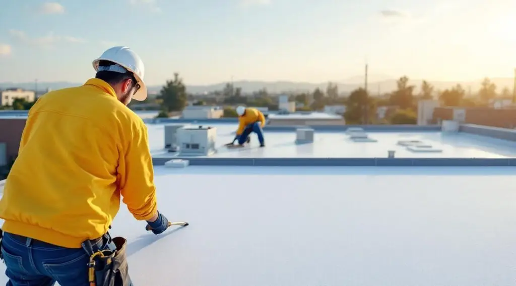 Clean white TPO roof installation on a Midvale City commercial building, bright high-altitude sun highlighting welded seams.